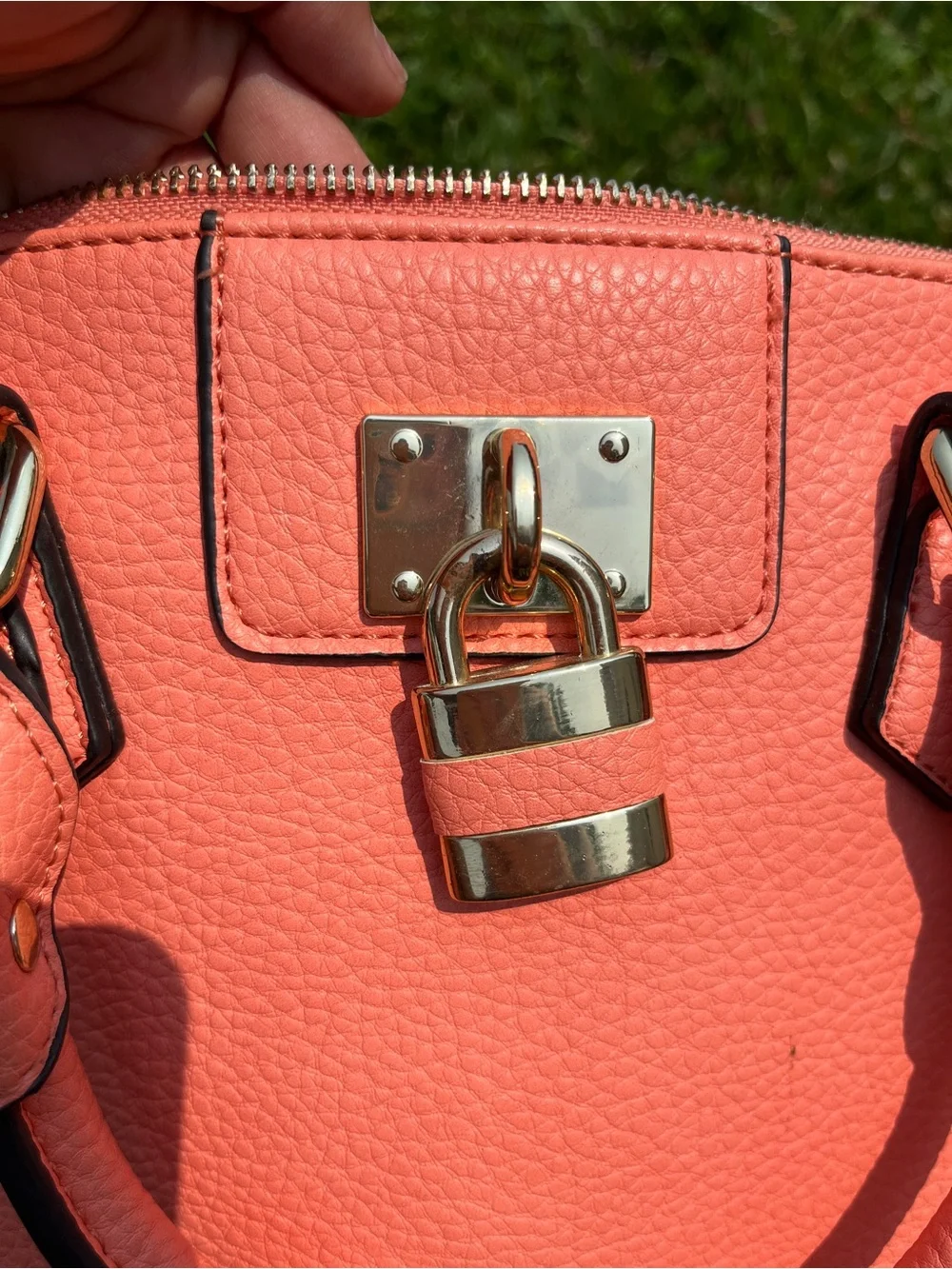 Coral Pebbled Leather Satchel Handbag with Gold Lock